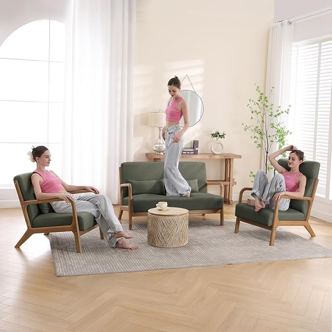 INZOY Mid-Century Modern Accent Chair Set of 2, Green Living Room Chairs with Waist Cushion, Upholstered Reading Armchair for Bedroom Sunroom