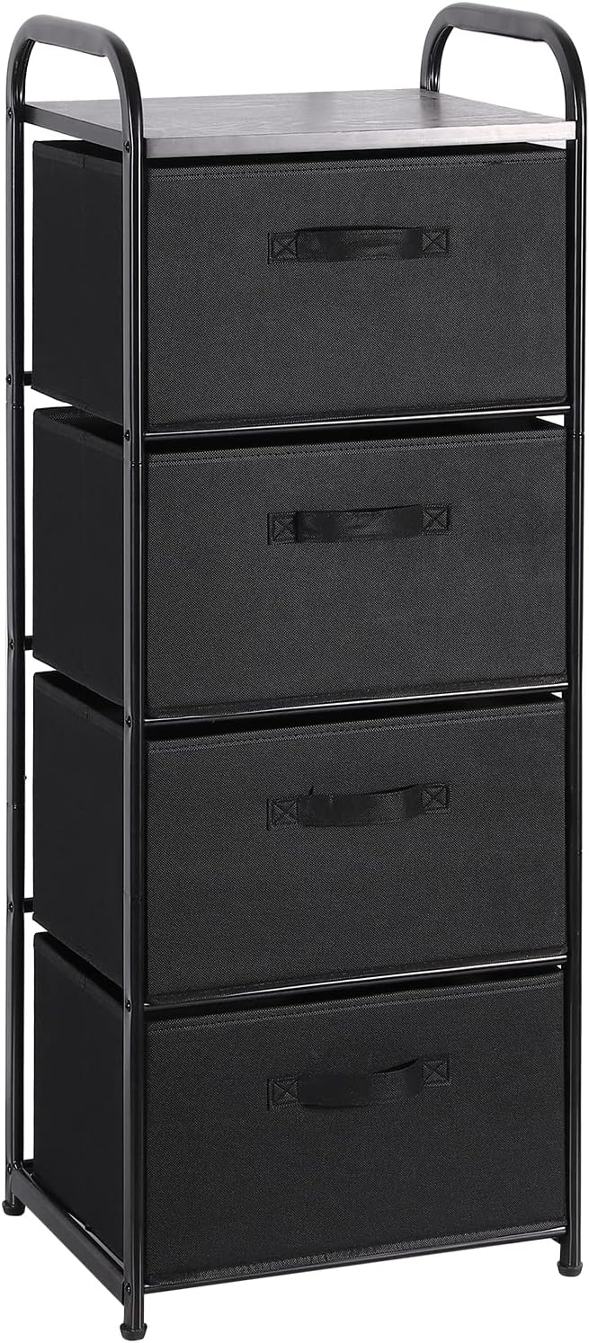 MAX Houser 4 Drawer Fabric Dresser Tall Storage Tower, Dresser Chest with Wood Top, Vertical Nightstand Side Organizer Unit with Metal Frame for Closets Bedroom Nursery Room Hallway(Black)