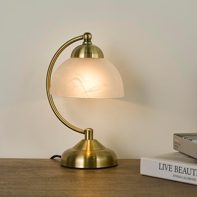 Small Modern Touch Glass Bedside Table Lamp, 7 x 7 x 10 Inch Bronze Base Table Lamp for Bedrooms and Office (White Frosted Glass Shade)