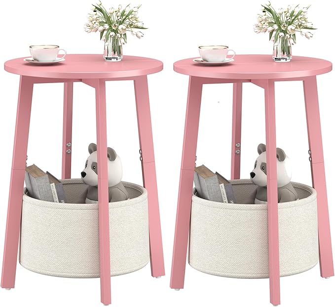 Small Round Side End Table Set of 2 with Cloth Storage Basket, Round Bedside Sofa Couch Coffee Tables for Small Places with Metal Frame, Modern Nighstands for Living Room Bedroom,Pink