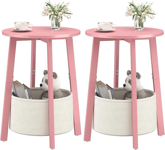 Small Round Side End Table Set of 2 with Cloth Storage Basket, Round Bedside Sofa Couch Coffee Tables for Small Places with Metal Frame, Modern Nighstands for Living Room Bedroom,Pink
