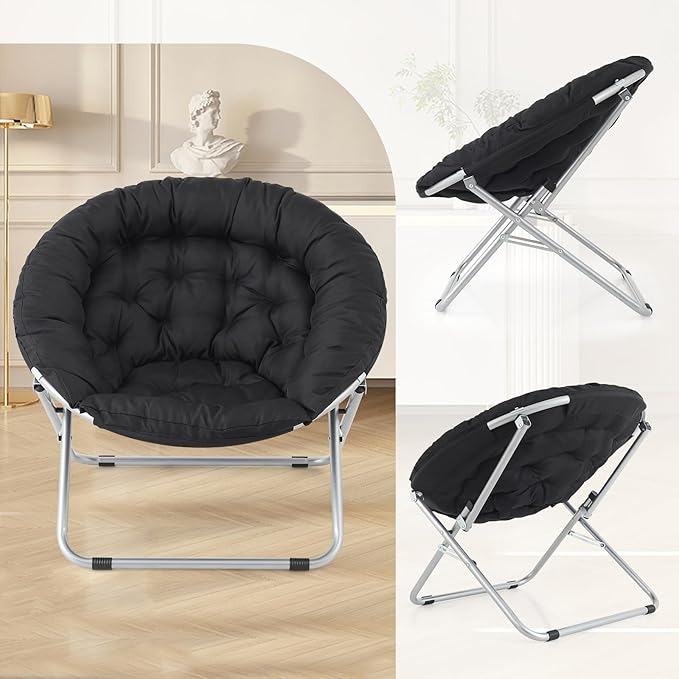 Athena Collection Comfy Saucer Chair Folding Cozy Chair for Bedroom Living Room Accent Chair Fabric Reading Chair Foldable Metal Frame Lazy Chair Moon Chair for Adult, Black