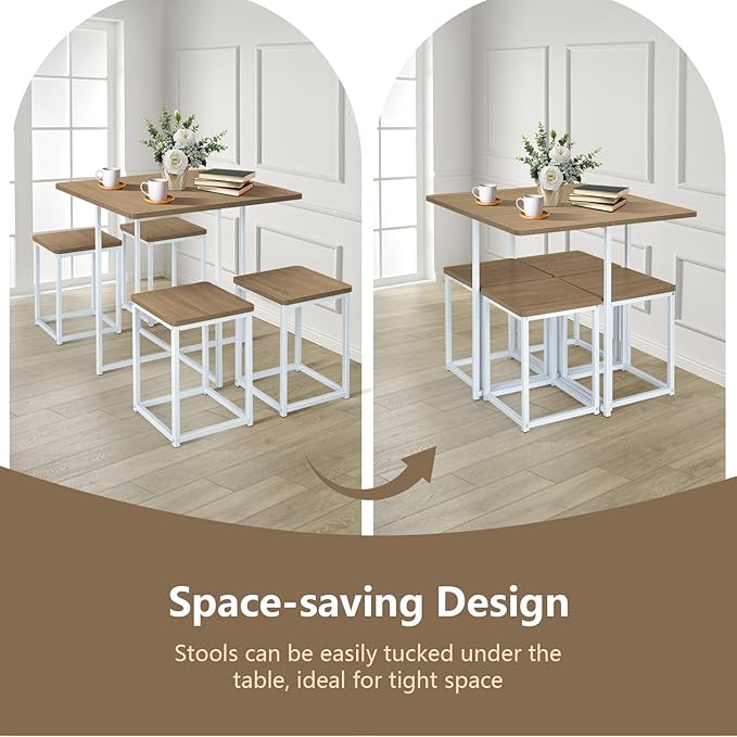 COSTWAY 5 Piece Dining Table Set, Counter Kitchen Table and Chair Set for 4 Includes 1 Square Table and 4 Stools, Space-Saving Pub Dining Set for Living Room, Breakfast Nook, Coffee Shop (Natural)