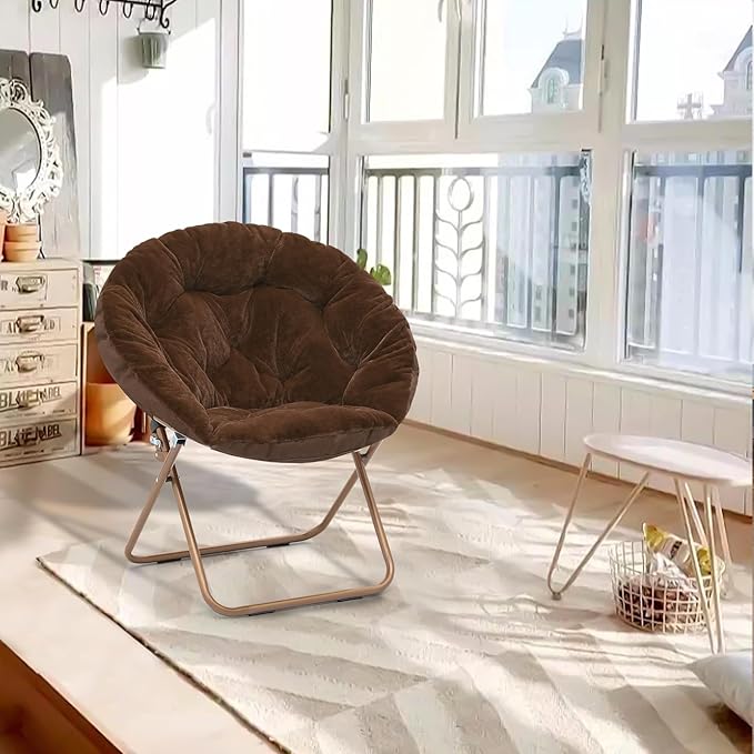 Athena Collection Comfy Saucer Chair Folding Cozy Chair for Bed Room Living Room Accent Chair Faux Fur Reading Chair Foldable Metal Frame Lazy Chair Moon Chair for Adult, Brown