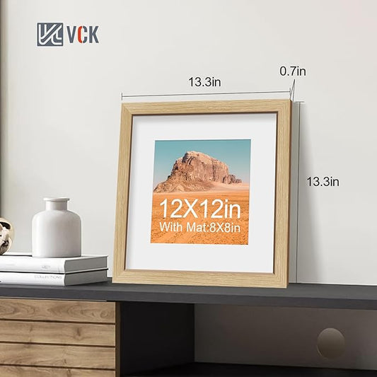 VCK 12x12 Picture Frame 5 Pack - Natural Oak, High-End Wood Poster Frames with Tempered Glass, Display 8x8 Photo with Mat or 12x12 without Mat, Art Gallery-Quality, Wall Hanging, Natural Oak
