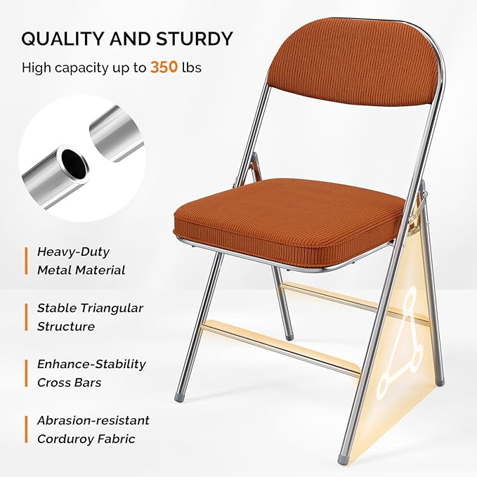 VINGLI 4 Pack Folding Chairs with Padded Seat & Backrest, Metal Frame, Durable Corduroy Fabric, 350 lbs Capacity, Set of 4, Orange – Ideal for Weddings, Parties, Office Events