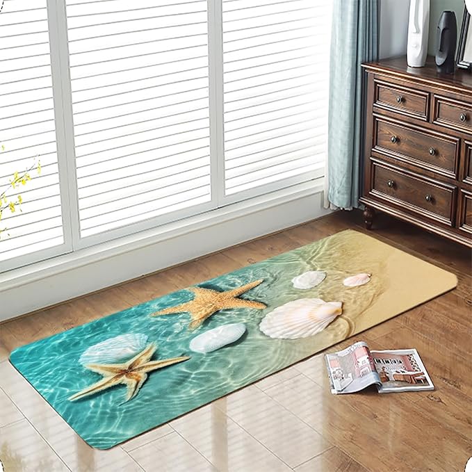 Bath Rugs Sponge Foam Absorbent Soft for Bathroom and Kitchen (71 x 24 inches), Flannel Mat Non Slip Bright 3D Print for Bedside and Living Room(Scallop Starfish)
