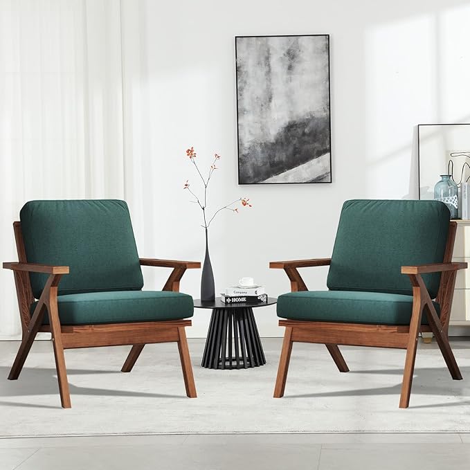 INZOY Mid-Century Modern Accent Chair Set of 2, Breathable Fabric Living Room Chair and Soft Thick Padded Armchair for Living Room Bedroom Reception with Removable Upholstered Cushions, Dark Green