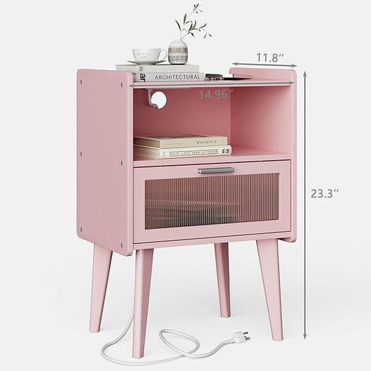 Nightstand with Charging Station, Bedside Tables Pink End Table Side Table with 2 Tiers Storage Space, for Bedroom Living Room MLBZ07PE