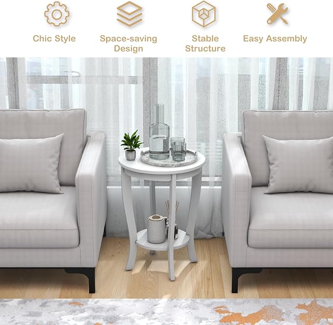Giantex Round End Tables Set of 2, 2 Tier Side Table with Storage Shelf and Solid Wood Legs, 18" x 18" Accent Table for Corner Small Spaces, Tall Night Stand for Living Room Bedroom, White