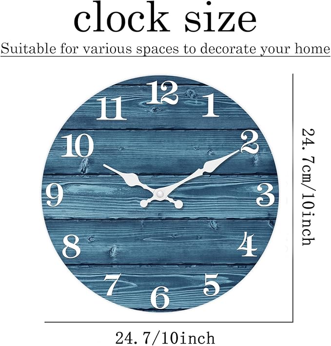 XFM Blue Wall Clock Battery Operated 10 Inch Silent Wood Wall Clocks Country Retro Farmhouse Wall Clock Decorative for Kitchen Living Room Bedroom