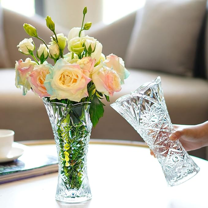 kanpura Clear Crystal Vase, Glass Flower Vase Thickening Design Suitable for Home Christmas Centerpieces Decor, Mothers Gift,9.2'' Tall(1 Piece)