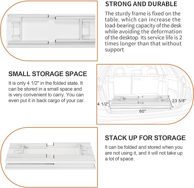 Need Home Office Desk Large Computer Desk 60 inch Sturdy Table Foldable Desk Gaming Computer Table No Assembly Required, White&White Frame AC5DW(152.4 * 60)