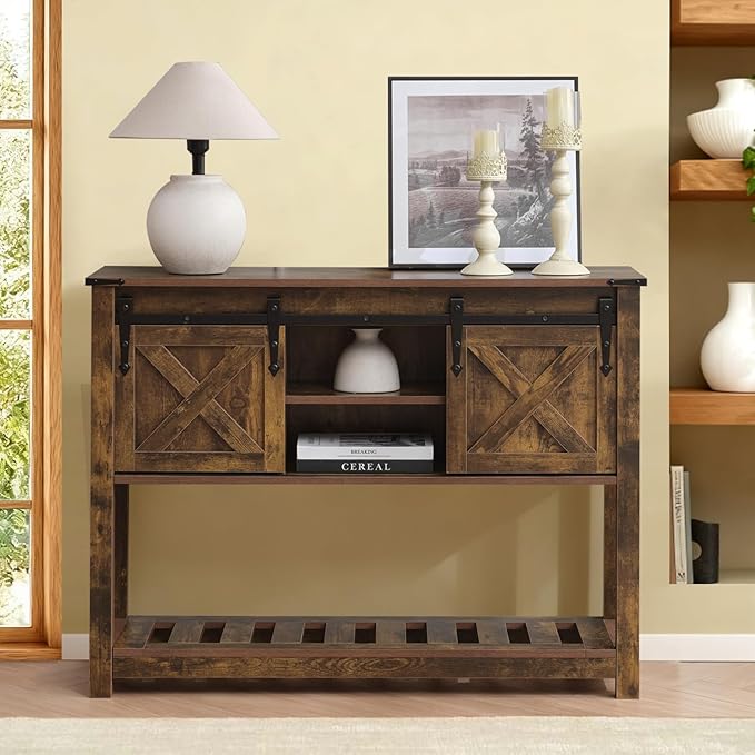 Entryway Table with Storage, Farmhouse Buffet Cabinet Coffee Bar Kitchen Island with Sliding Barn Doors & Shelves, Console Table for Kitchen, Dining Room, Living Room, Brown