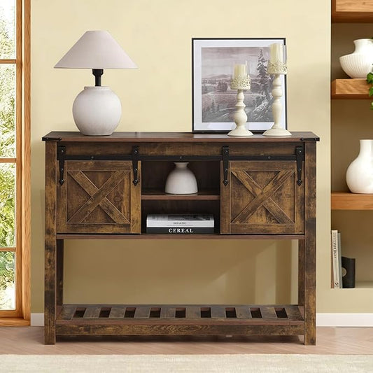 Entryway Table with Storage, Farmhouse Buffet Cabinet Coffee Bar Kitchen Island with Sliding Barn Doors & Shelves, Console Table for Kitchen, Dining Room, Living Room, Brown
