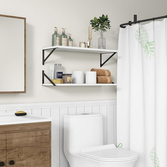 10 Inch Deep Floating Shelves, White Floating Shelves 30 Inch Long, Rustic Wood Wall Shelves 30"W x 10"D, Deep Floating Shelf with Bracket, Wide Storage Shelves for Books, Living Room, Bathroom