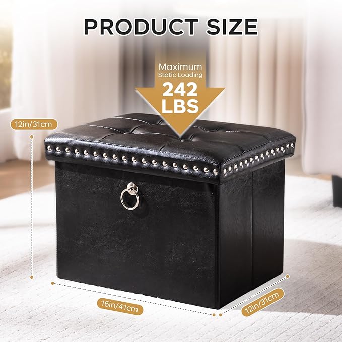 Storage Ottoman Foot Rest Stool, Foldable Leather Footstool Storage Bench with Rivet Design, Thicker Foam Padded Seat, Footrest Under Desk for Living Room Bedroom 242 lbs, 16x12x12 in, Black