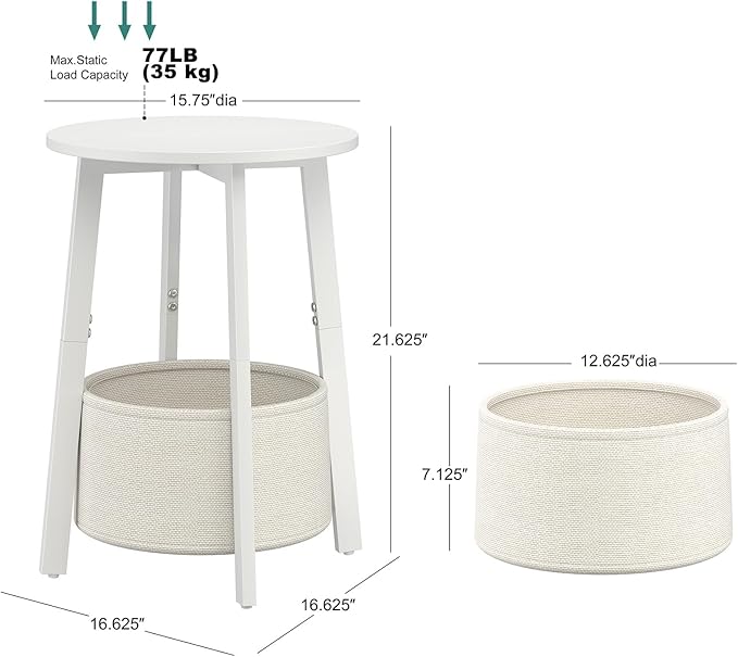 Small Round Side End Table with Cloth Storage Basket, Round Bedside Sofa Couch Coffee Tables for Small Places with Metal Frame, Modern Nighstands for Living Room Bedroom,White