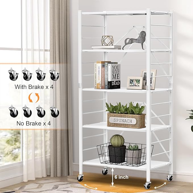 Himix 5 Tier Foldable Storage Shelves, Expandable Folding Pantry Shelf with Wheels, Changeable into 2 Shelf Units, Collapsible Storage Rack Metal Shelves for Kitchen, Room, Garage, White