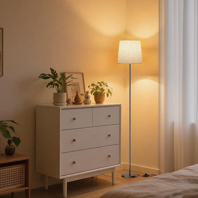 Floor Lamp with Linen Shade - 62" Tall LED Standing Lamp with Foot Switch, 3 Color Temps, 9W E26 Bulb Included, Black Floor Reading Light Corner Lamp for Living Room Bedroom Office Dorm
