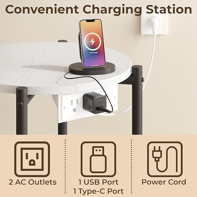 LIKIMIO 15.8" W Small Round Side Table with Charging Station, 2-Tier End Table with Lower Shelf, Wooden Nightstand for Small Spaces, Living Room, Bedroom, White