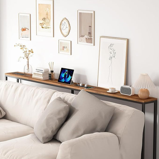 Narrow Sofa Table with 2 Power Outlets, 71” Thin Console Tables Narrow Long, Behind Couch Table Skinny, Wood Console Tables for Entryway, Living Room, Hallway, Foyer, Rustic Brown