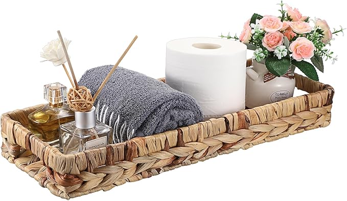 Hipiwe Wicker Toilet Tank Basket 16.9 Inch Bathroom Vanity Tray for Long Back of Toilet, Rectangle Woven Hyacinth Decorative Countertop for Paper Hand Towel