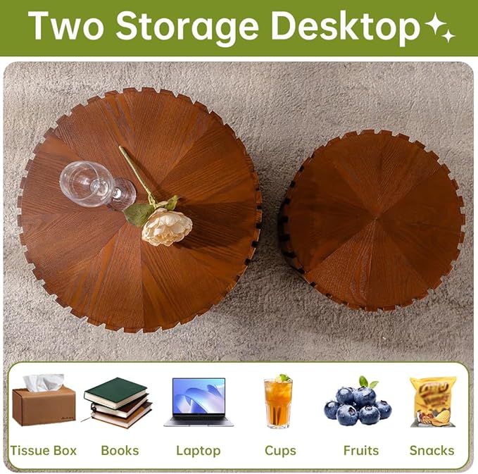 Round Nesting Coffee Table Set of 2 Small Round Coffee Tables for Living Room Modern Fluted Coffee Table Circular End Table Side Table for Small Spaces No Assembly (Brown, 27 in)