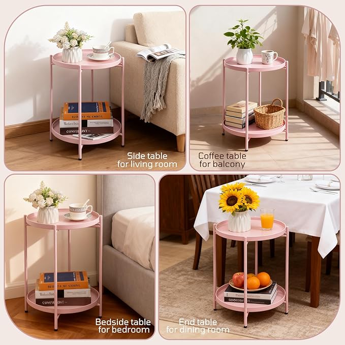 HollyHOME 2-Tier Round Side Table, Outdoor Small Folding Accent Stand with Removable Tray, Anti-Rust Metal Asional Table for Balcony Patio Living Room, Nightstand for Bedroom(Pink)