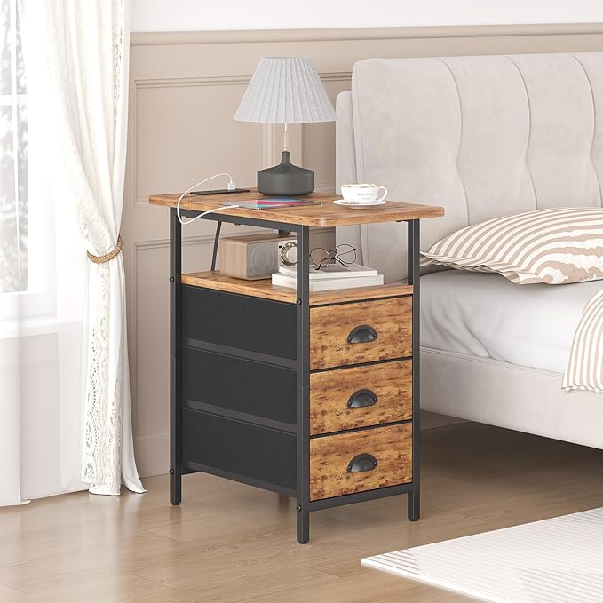 End Table with Charging Station, Side Tables Livingroom with USB Ports and Outlets,Narrow Nightstands Bedside Tables with 3 Drawers for Small Space,Slim Sofa Table Bedroom,Rustic Brown