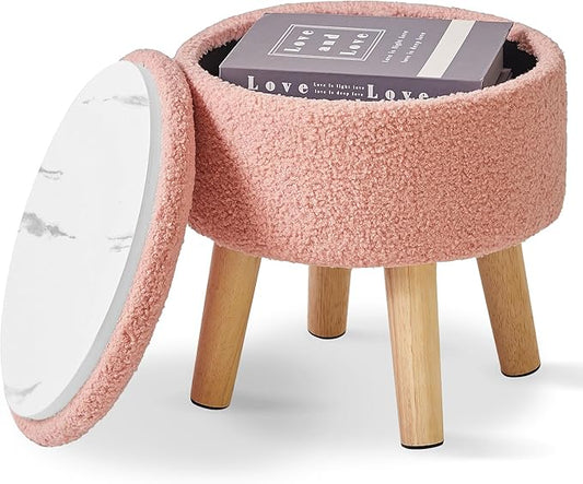 IBUYKE 13 Inch Foot Stool Ottoman with Storage, Round Small Foot Rest with Padded Seat and Wood Legs, Teddy Velvet Mini Footstool for Living Room Couch Bedroom Entryway, Pink WBD006P