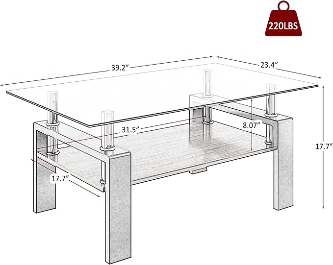 Coffee Table for Living Room, Modern Rectangle Tempered Glass Center Table with MDF Storage Shelf, 220lbs Load-Bearing for Small Space, Apartment, Office (Transparent + Black + Tempered Glass)