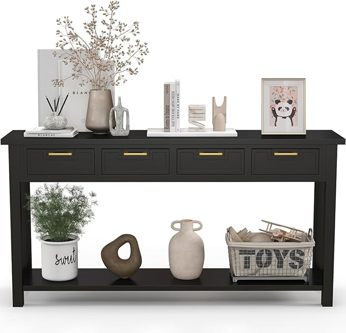 Console Table for Entryway with 4 Drawers, 60 Inch Long Foyer Table w/Open Storage Shelves and Handmade Metal Handle, Narrow Sofa Table for Living Room, Hallway, Black