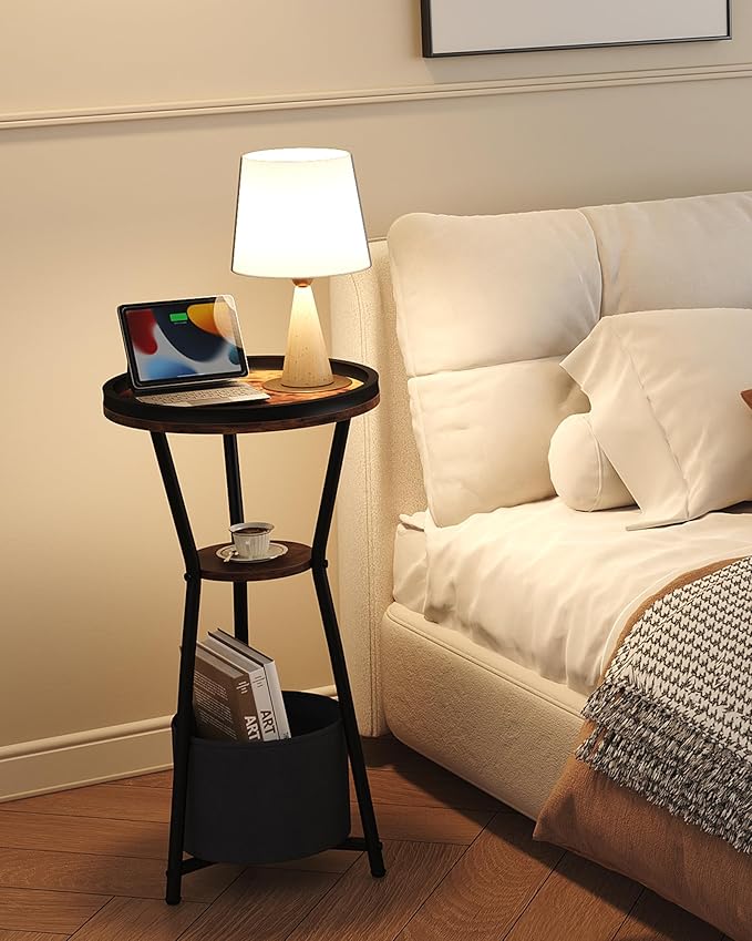 Yusong Round Side Table, Small Drink Table for Small Spaces, 3-Tier Industrial End Table, Accent Nightstand Bedside Table for Living Room, Bedroom, Sofa Couch, Rustic Brown