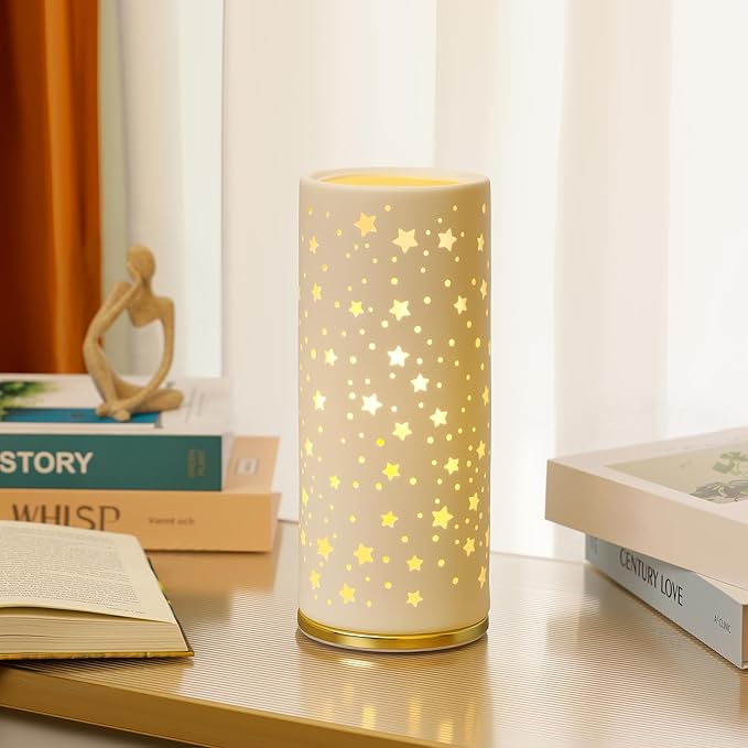Small Modern Ceramics Bedside Table Lamp, 4.5 x 4.5 x 11 Inch White Starlight Style Nightstand Lamps, Side Table Lamps for Bedroom Living Room Entryway Table Light
