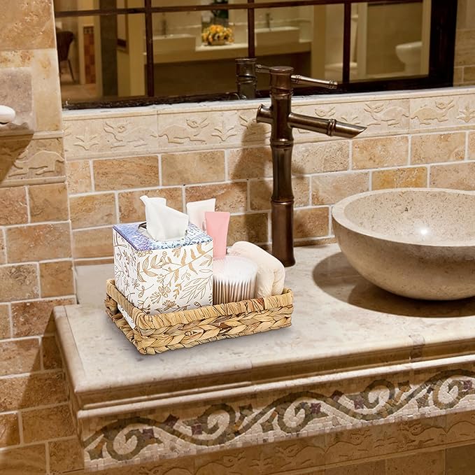 Sumnacon Bathroom Tray for Counter 9.8 Inch Water Hyacinth Bathroom Trays Over Toilet, Wicker Toilet Tank Organizer Decorative Countertop Trays for Toilet Vanity Kitchen Shelf Dining Table Desk