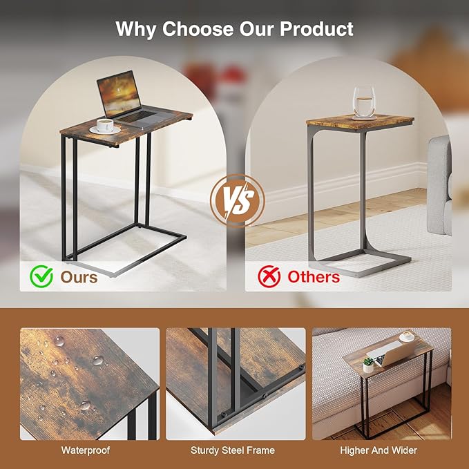 C-Shaped Side Table, Modern End Table with Metal Frame, Space Saving Design for Living Room，Large Surface Couch Table for Bedroom, and Home Office，24 x 12 x 24 inches (Rustic Brown)