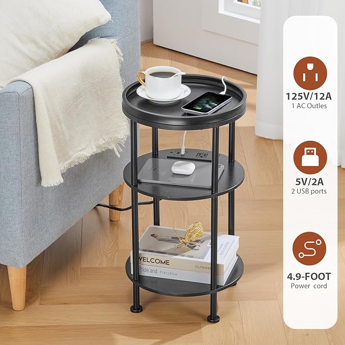 Small Round Side Table with Charging Station for Small Spaces, 3-Tier Accent Table with USB Ports & Power Outlets, Sofa Corner Tea Table for Living Room Nightstand Bedroom Apartment (Black)