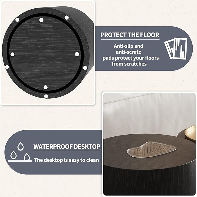 Small Coffee Table Nesting End Table Set of 2, Round Coffee Table Wood Side Table Circle Accent Tables for Small Spaces Living Room Bedroom Balcony Office, Black