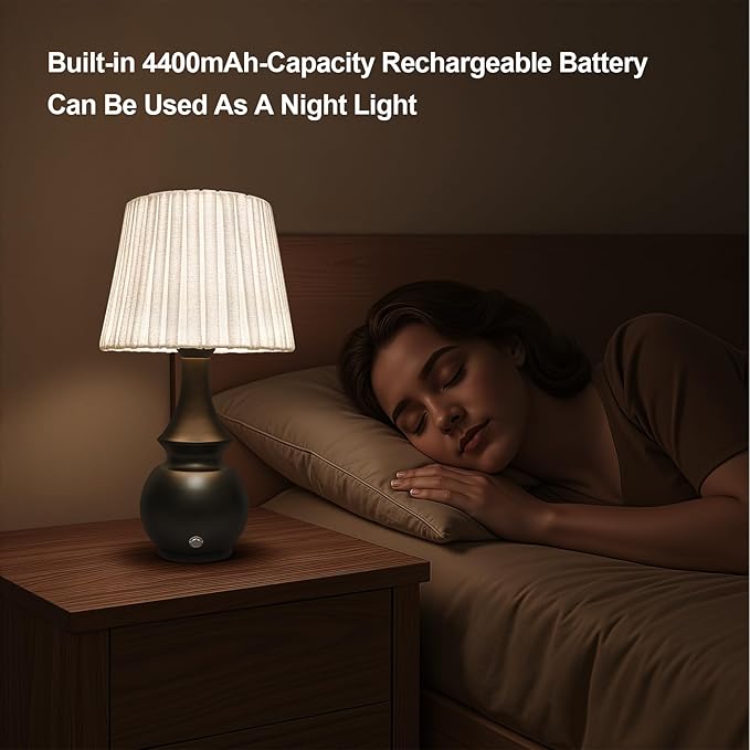 Black Cordless Lamp, Bedside Night Light, 4400mAh Battery Operated Lamp, Touch Lamps for Nightstand with Linen Shade, Rechargeable Table Lamp for Living Room,Dining,Office(Bulb Included)