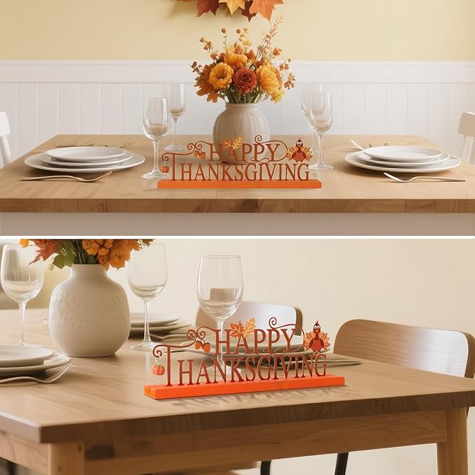 Metal Holiday Table Sign Decor, Decorations Tabletop Centerpiece for Home, Office, Shelf, Tiered Tray, Mantel, Indoor, Merry Christmas, Happy Thanksgiving