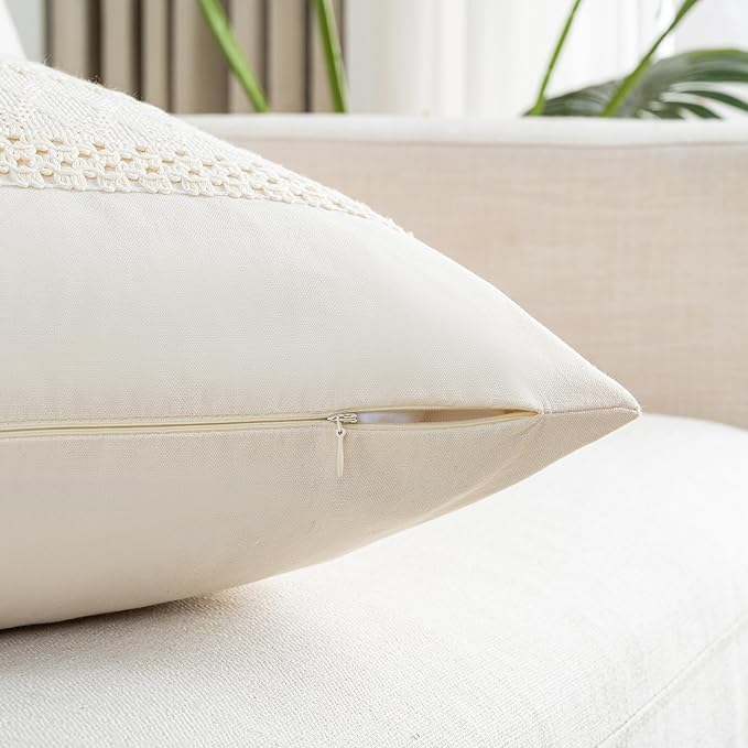 Fancy Homi Set of 2 Boho Cream Lumbar Decorative Throw Pillow Cover 12x20 Inch for Couch Bed Sofa Chair, Modern Organic Farmhouse Home Decor, Soft Cotton Cute Accent Rectangle Cushion Case