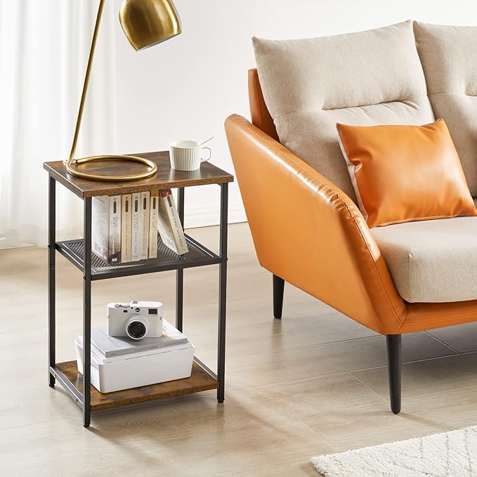 IBUYKE Side Table,3-Tier End Table, Industrial Nightstand Small Table with Storage Shelf, for Bedroom, Living Room, Hallway, with Metal Frame,Rustic Brown UTMJ403H