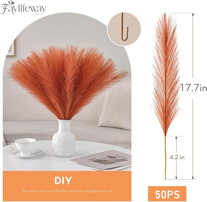 𝟱𝟬pcs Orange Pampas Grass 𝟭𝟳in, Pompas Grass Home Decor, Artificial Pampas Grass Bulk Boho Vase Filler Table Centerpieces Party Wedding Decorations