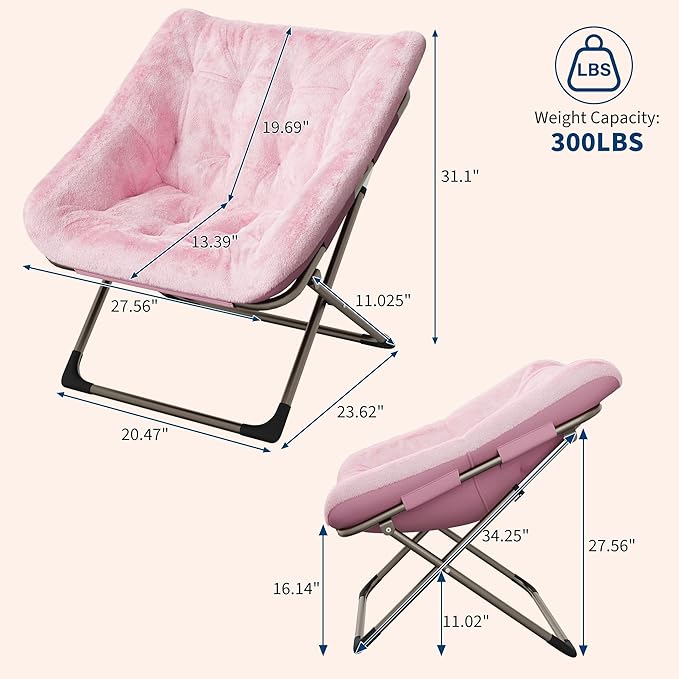Folding Saucer Chair for Adults, Comfortable Living Room Lounge Chair with Soft Faux Fur Cushion, No Assembly Required, Foldable Accent Furniture for Apartments/Dorms/Bedrooms, Pink