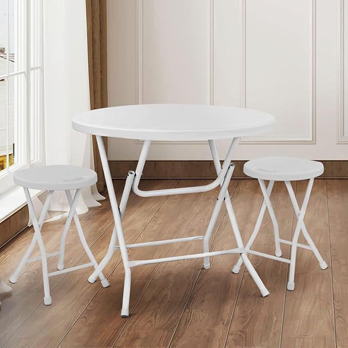 Athena Collection 2.6ft Plastic Folding Dining Table, Portable Round Card Table with Steel Legs for Indoor Outdoor, Foldable Heavy Duty for Camping Party, White