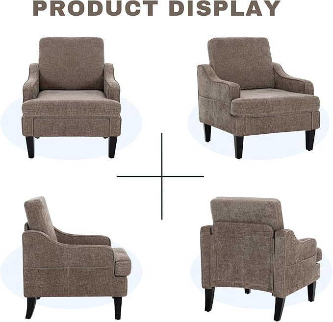 Accent Chair for Living Room,Mid-Century Arm Chair Chenille Living Room Chairs,Upholstered Reading Chair for Bedroom,Single Sofa Chair with Wood Legs for Apartment,Brown,2 Pack