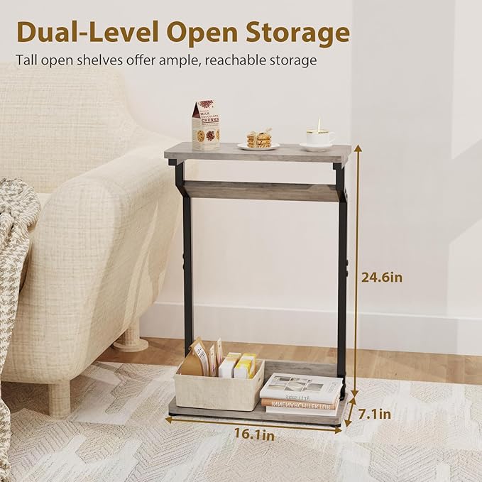 Narrow Side Table for Small Spaces, 2-Tier Farmhouse Small End Table, Slim TV Tray Couch Table Skinny Thin End Tables for Living Room Bedroom, Grey