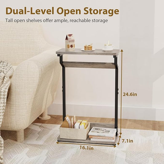 Narrow Side Table for Small Spaces, 2-Tier Farmhouse Small End Table, Slim TV Tray Couch Table Skinny Thin End Tables for Living Room Bedroom, Grey