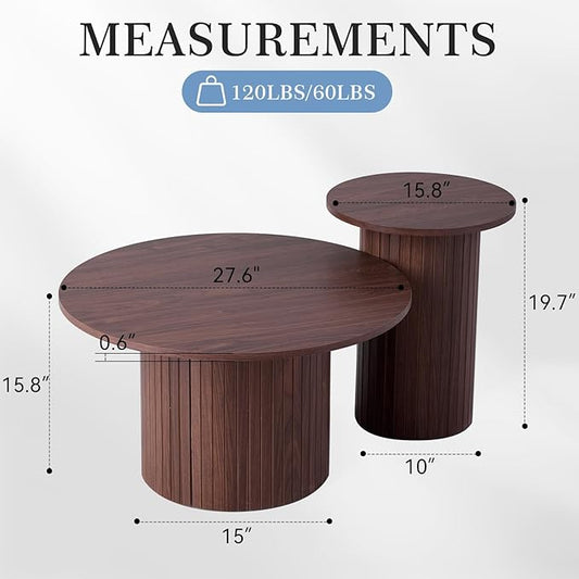 Small Nesting Table Set of 2 Mid Century Modern Wood Round Coffee Tables Boho Circle Side Table for Small Spaces Living Room Comedor Home Office(Walnut)
